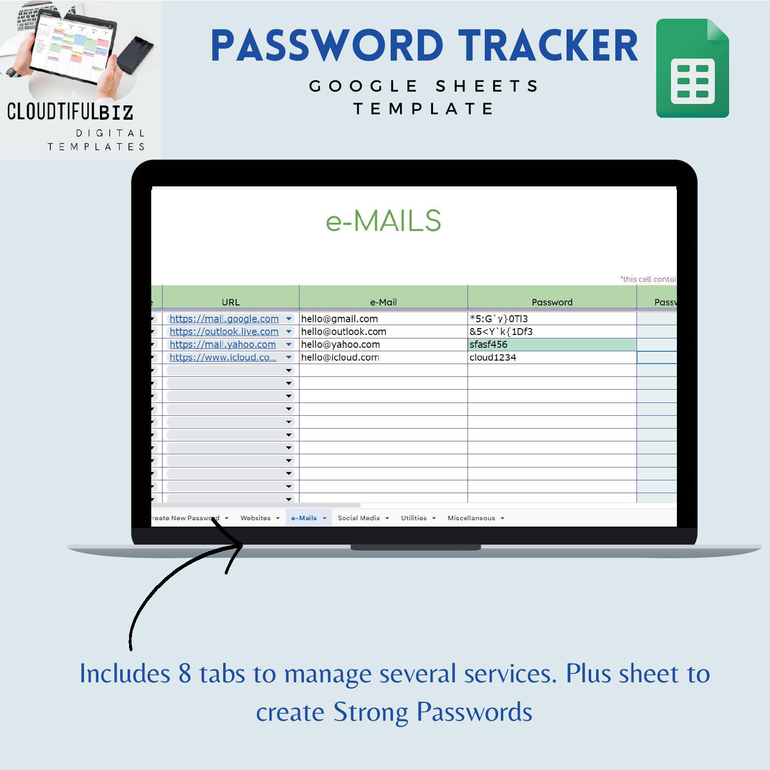 Password Tracker Google Sheets - CLOUDTIFULBIZ